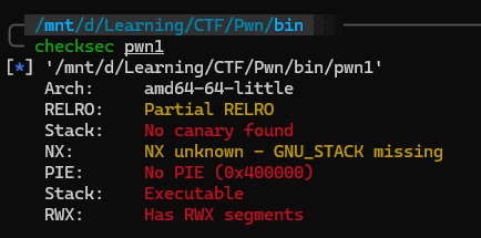 使用checksec指令查看pwn1文件的安全措施